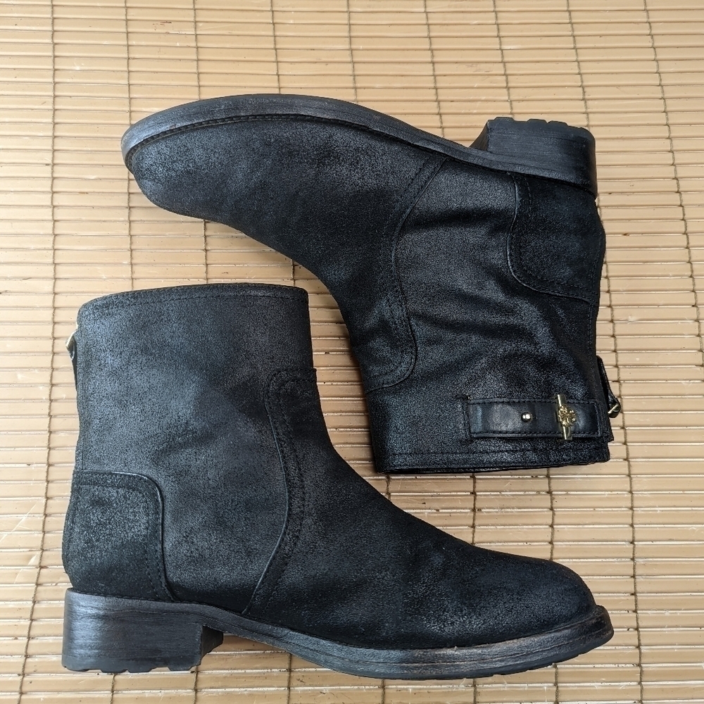 TORY BURCH "SELENA" BLACK DISTRESSED CRINKLE LEATHER REVA MOTO BACK ZIP GOLD LOG - Picture 5 of 11